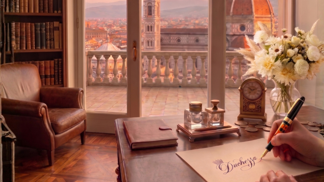 Scrivania d’epoca davanti alla finestra sulla cupola di Firenze, mano che firma il nome Duchessa con una stilografica